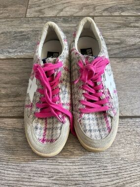 Golden Goose Ballstar pink grey plaid sneakers